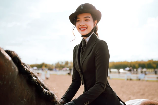 Equestrian Portrait Beautiful Chinese Girl Smiling on Horse