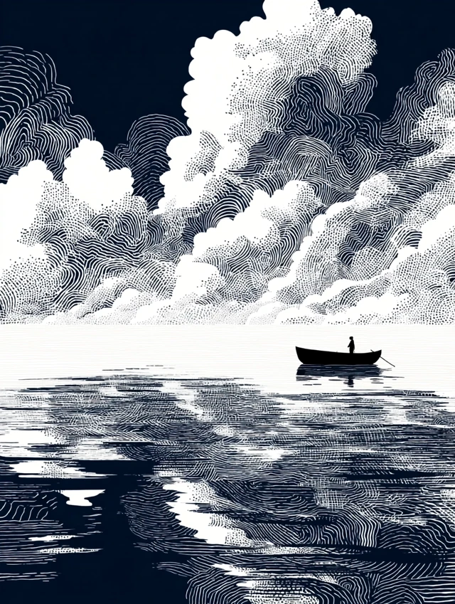 Sea Boat and Clouds Monochrome Art
