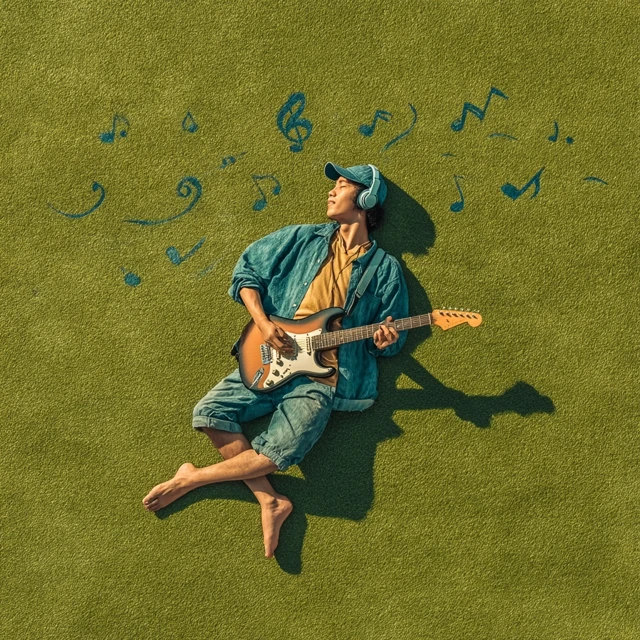 Guitarist on Grass Happy Musician Photo