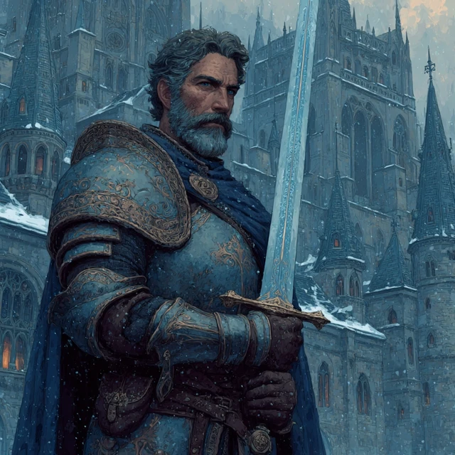 Handsome Knight with Glowing Sword in Gothic Village