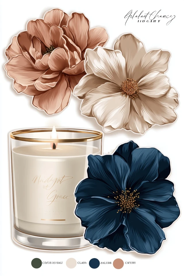 Luxury Candle and Floral Stickers Illustration