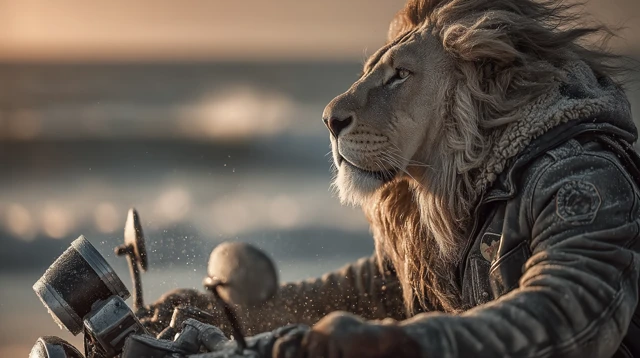Lion on a Motorcycle Beach Sunset