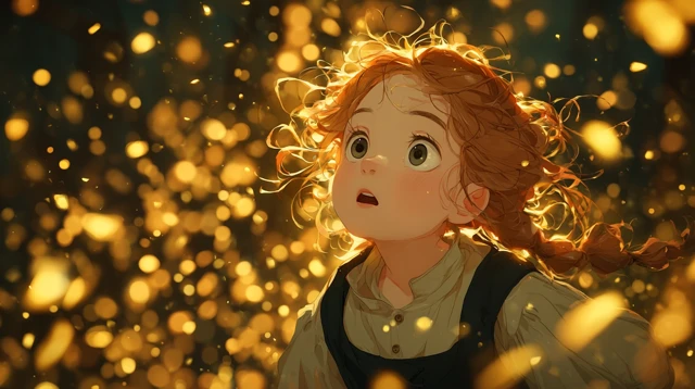 Cartoon Girl with Golden Light Particles in Antique Style