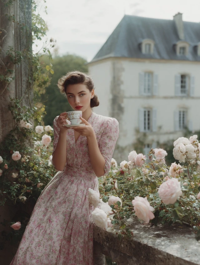 French Woman on Balcony with Coffee and Roses