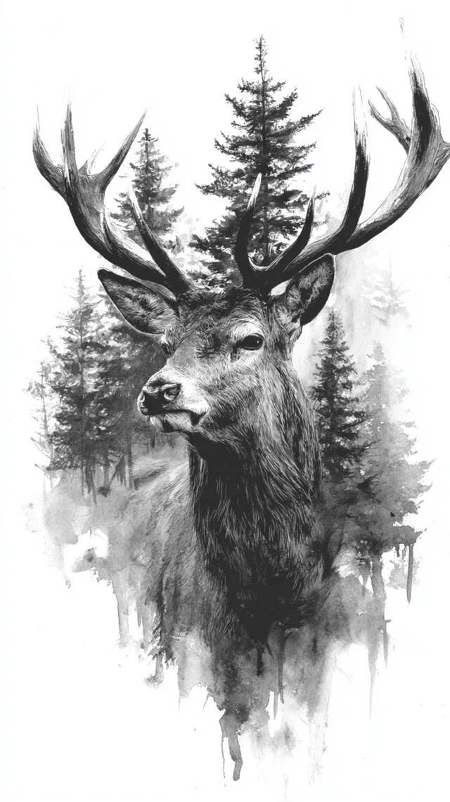 Stunning Stag Head Black and White Ink Wash Art
