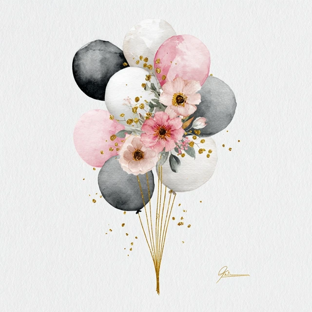 Watercolor Balloon Bouquet Floral Accents Gold Glitter
