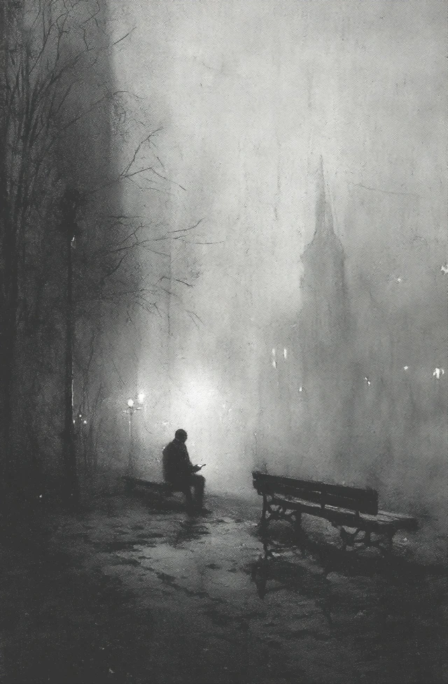 Solitary Figure in a Foggy Park Pencil Sketch