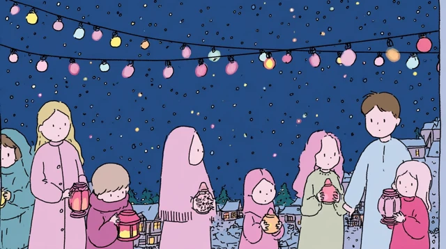 Muslim Family Eid Illustration Lanterns and Fairy Lights