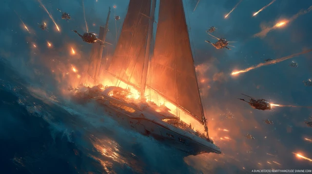 Futuristic Yacht Battle Ocean Night Warfare