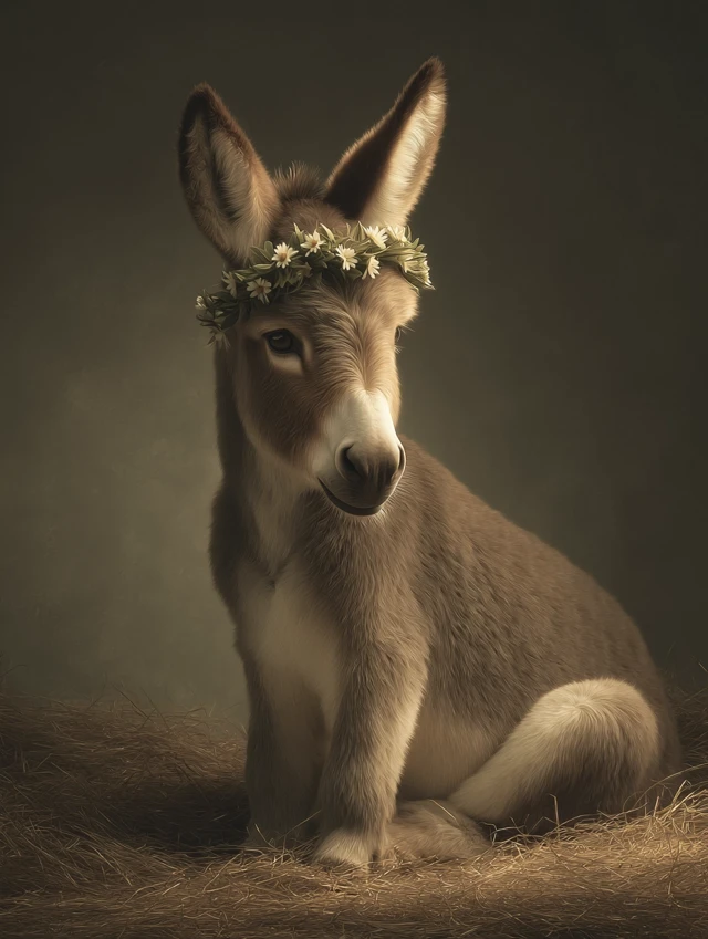 Cute Baby Donkey Oil Painting Flower Crown