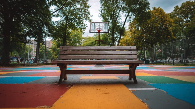 Wooden Bench with Basketball Court Park Scene