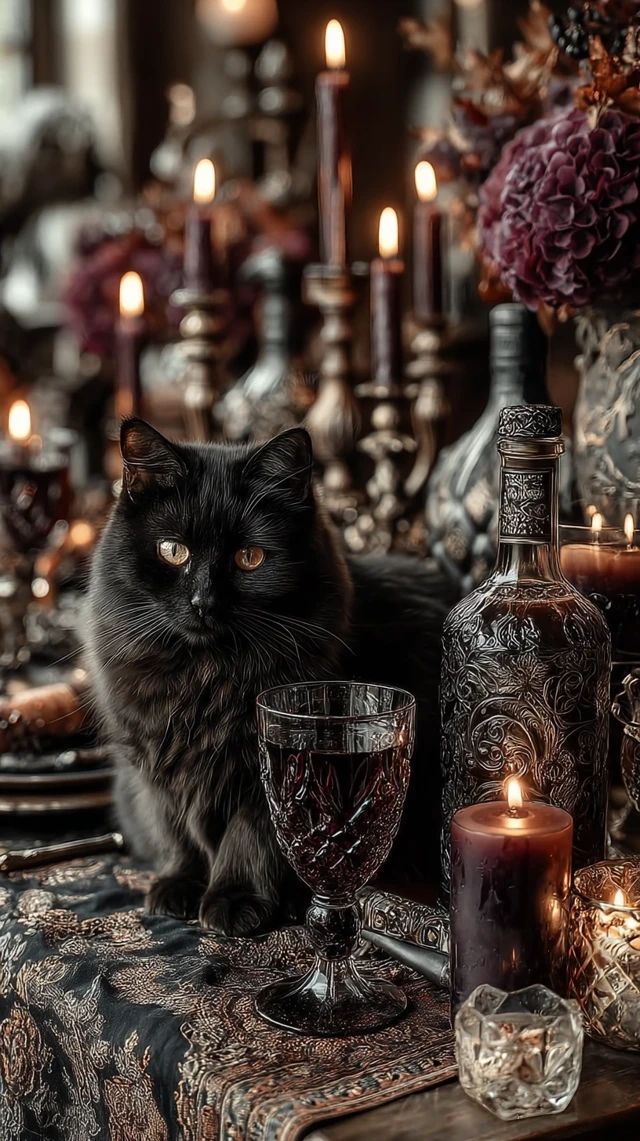 Halloween Goth Romance Black Cat Candles and Wine
