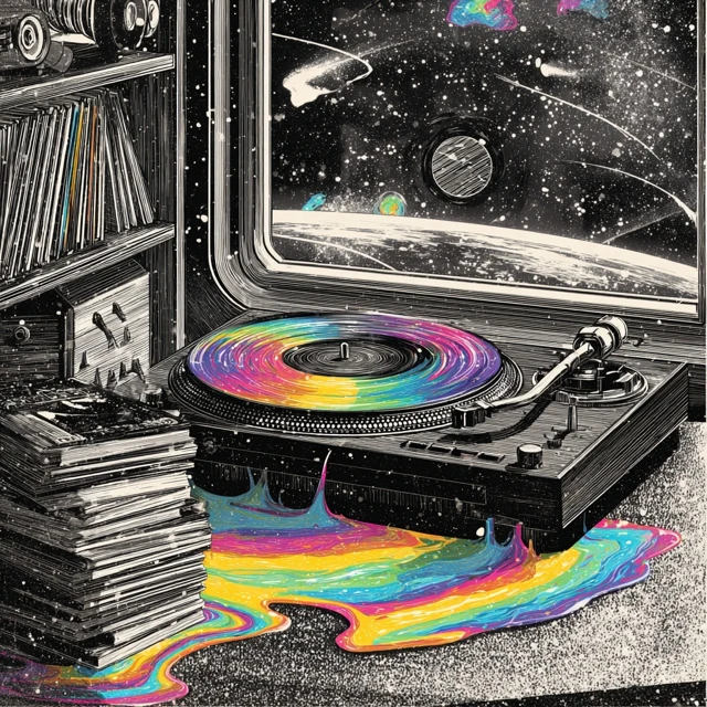 Psychedelic Turntable with Rainbow Liquid in Space