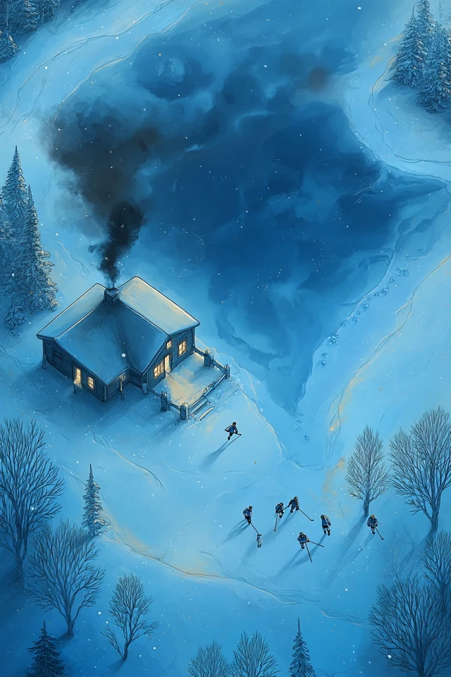 Winter Cabin Hockey Game Watercolour Painting