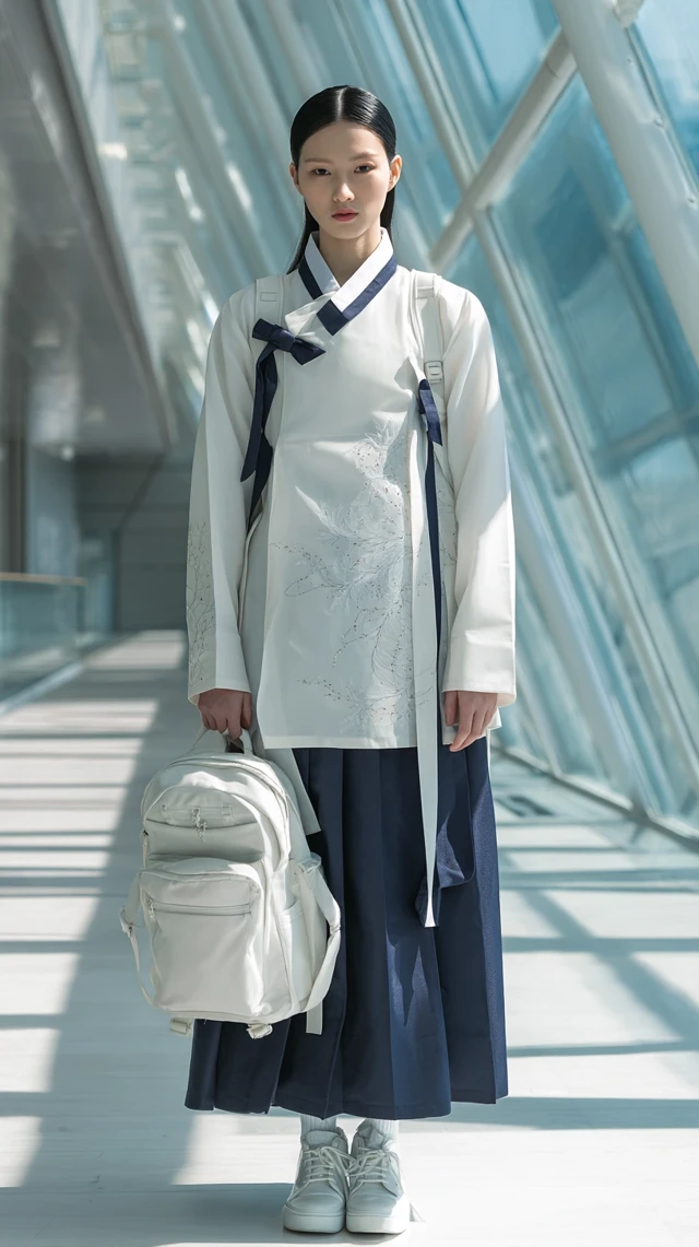 Korean Girl in Hanbok Style Uniform Futuristic School