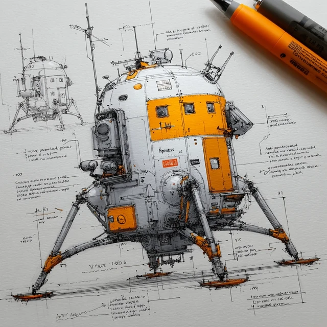 Lunar Lander Sketch Technical Illustration