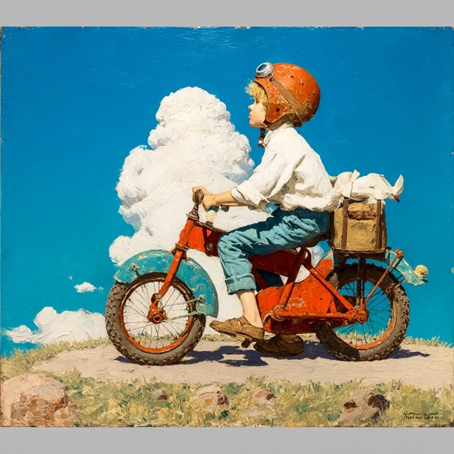 Boy Riding Bike Painting in the Style of Norman Rockwell