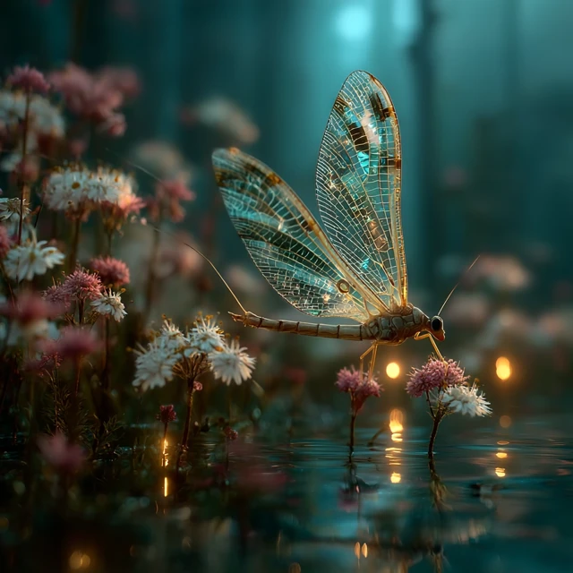 Mayfly over Spring Flowers Crystal Clear River