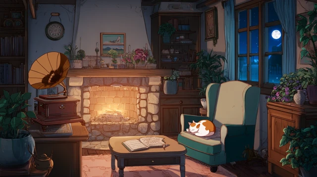 Cozy Vintage Living Room Anime Style