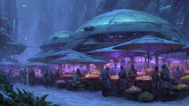 Futuristic Street Market Floating in the Clouds