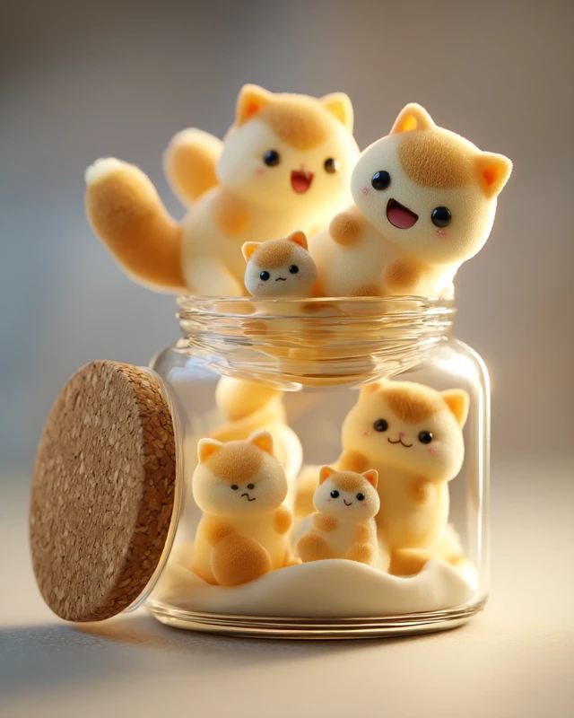 Cute Anime Kitties in a Jar 3D Render Kawaii