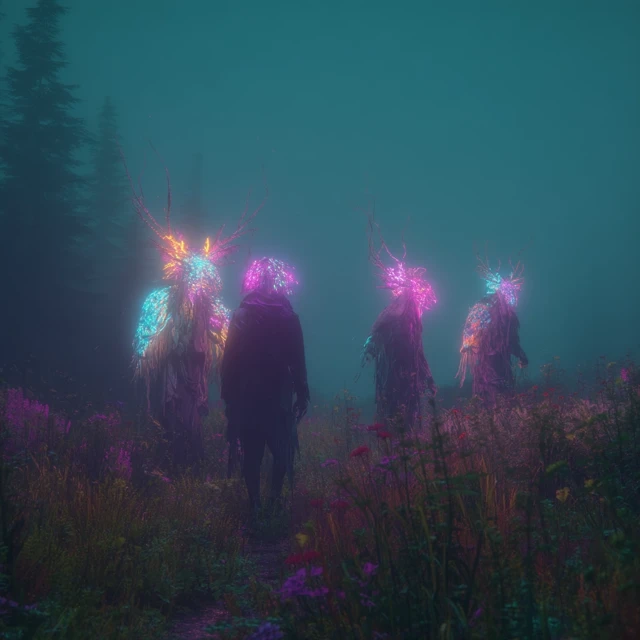 Neon Forest Creatures Foggy Wilderness