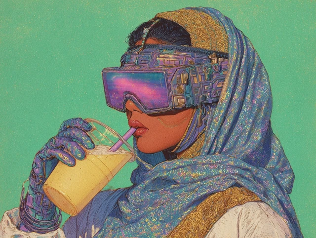 Retro Cyberpunk Mauritanian Woman Drink Ice Latte
