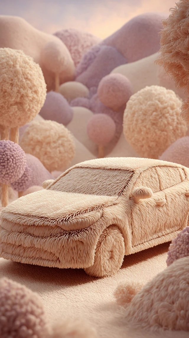 Fluffy Kia Car 3D Render in a Dreamy Landscape