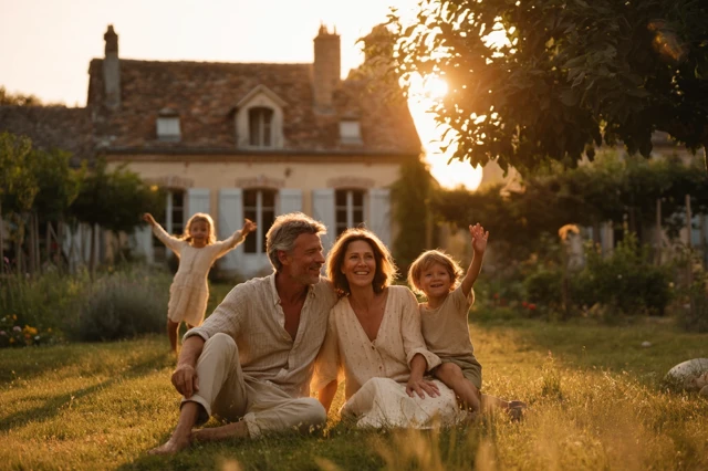 Family Sunset in Countryside Home Peaceful Moment