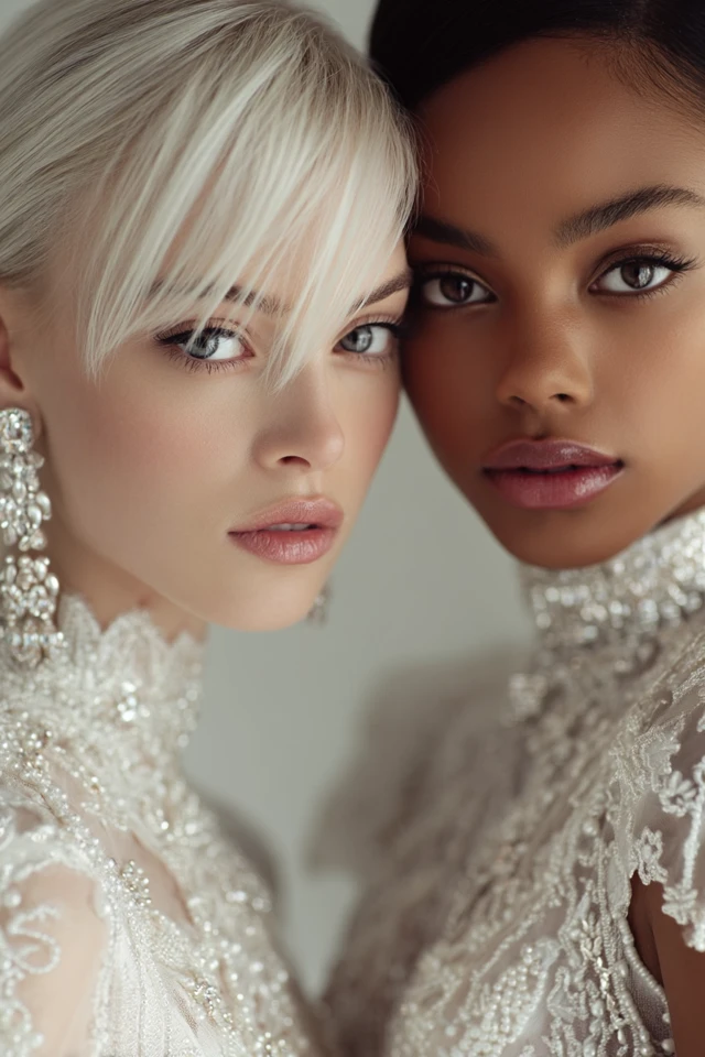 Elegant Models in Haute Couture Pearl Gowns