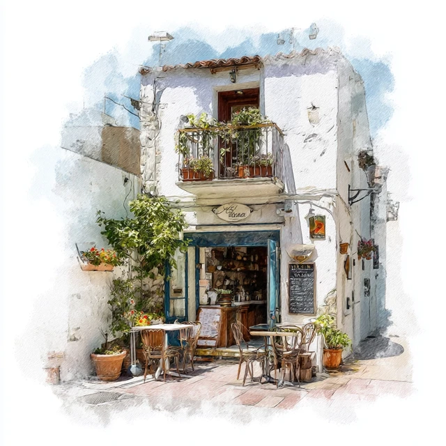 Capri Cafe Watercolor Art Vintage Village Scene