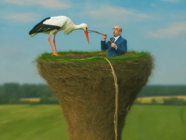 Man in Stork Nest Surreal Scene