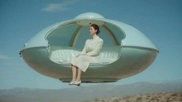 Woman in UFO Flying Above Desert Landscape
