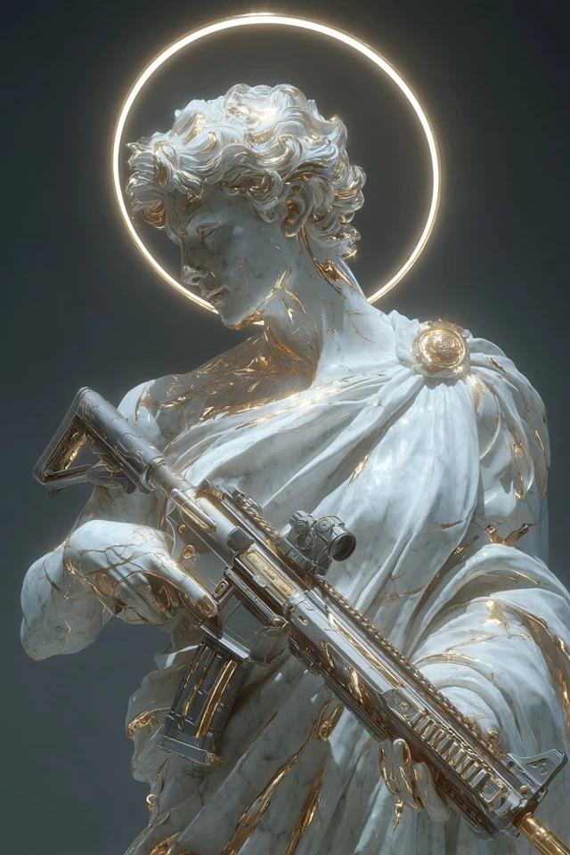 Marble Statue with Halo and Futuristic Rifle 3D