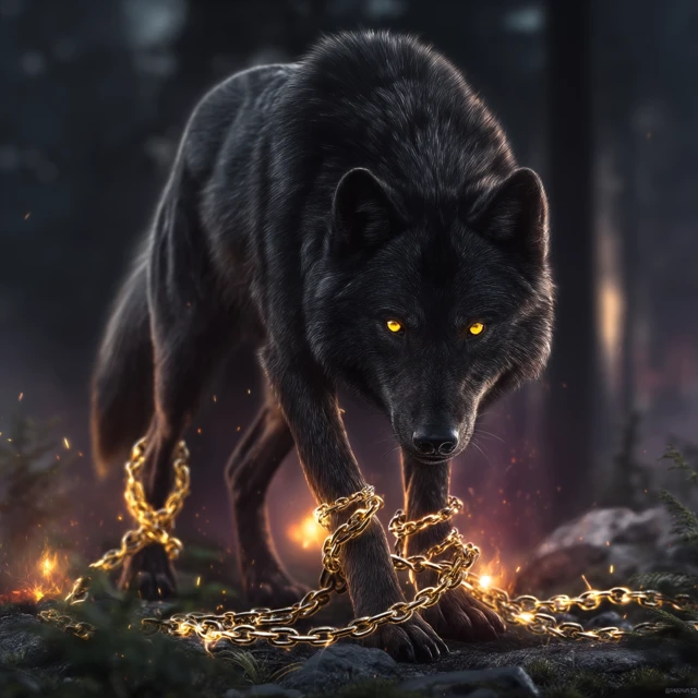 Fantasy Wolf with Glowing Eyes in Night Forest