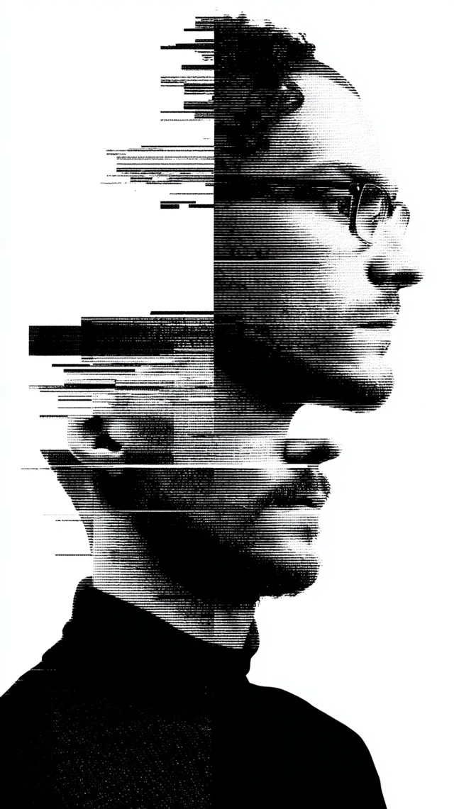 Mans Portrait with Glitch Effect - Black and White Minimalism