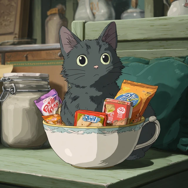 Torti Cat in Studio Ghibli Eating Lunchables