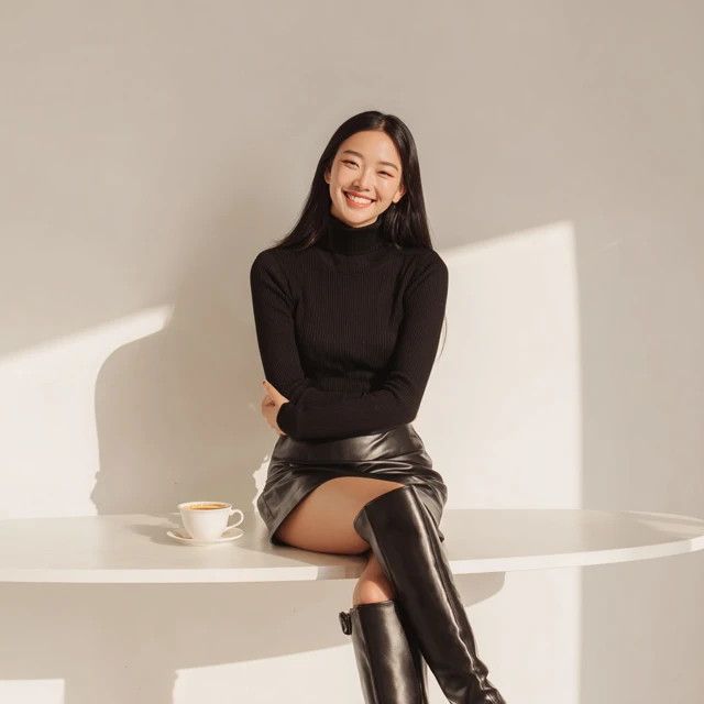 Korean Woman in Leather Skirt and Boots