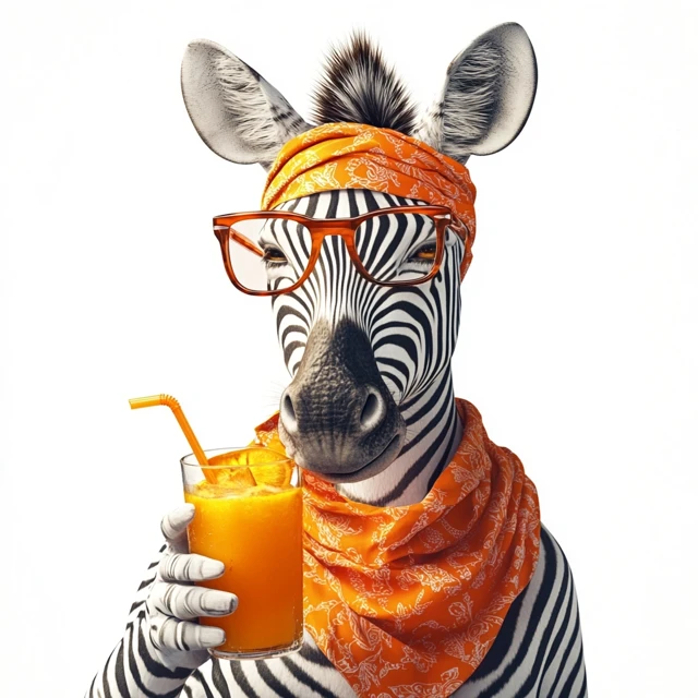 Zebra with Orange Juice in Sunglasses Hyperrealistic