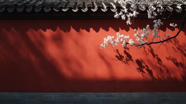 Cherry Blossoms on Red Wall Wallpaper