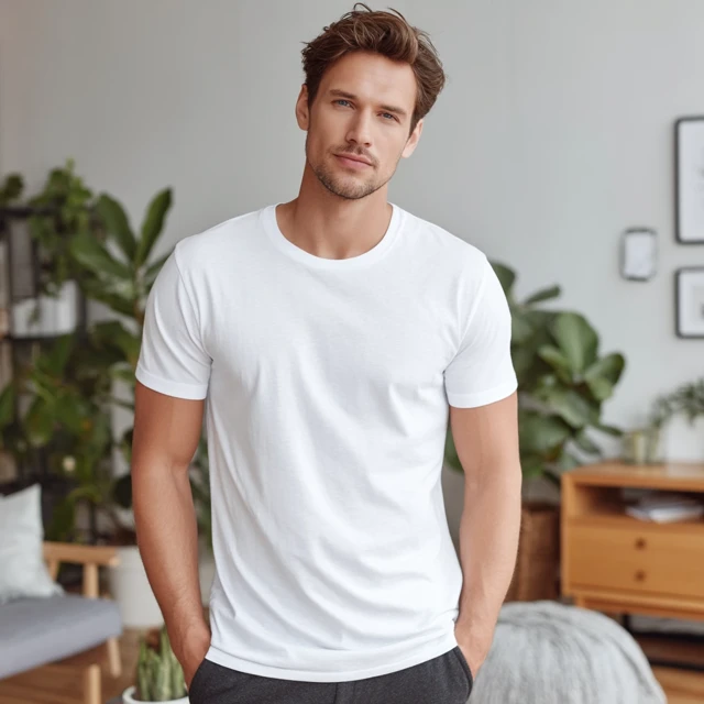 Male Model in White Tee in Living Room