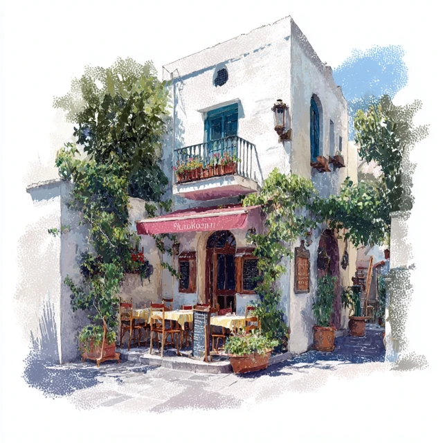 Capri Cafe Watercolor Art Vintage Village Scene