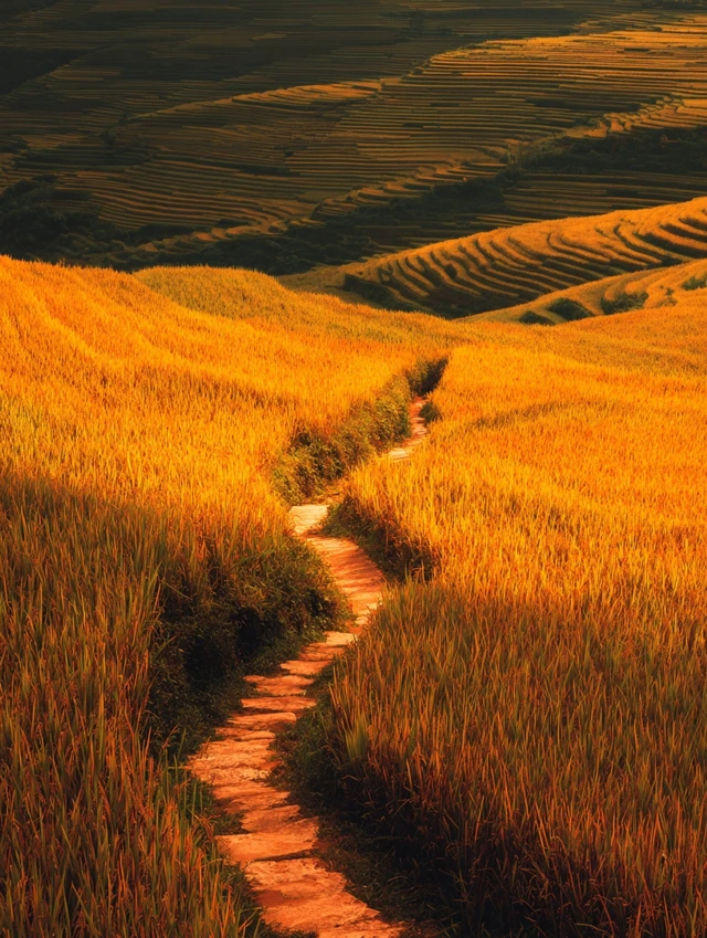 Golden Rice Paddies Path Landscape Art
