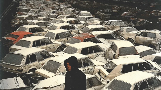 Post Apocalyptic Scene Man in Hood Crashed Cars