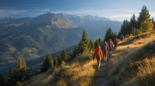 Hikers on Mountain Trail Scenic Landscape Adventure