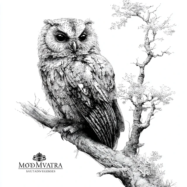 Owl on Branch Black and White Art