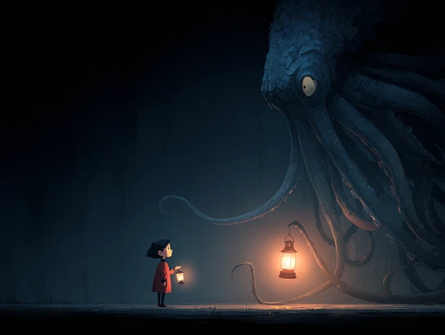 Girl and Giant Squid Horror Art