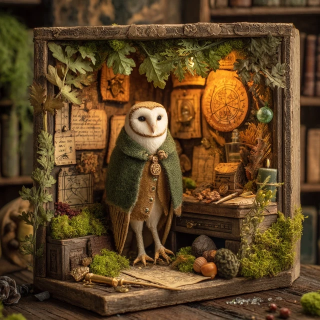 Miniature Diorama of a Barn Owl Astrologer
