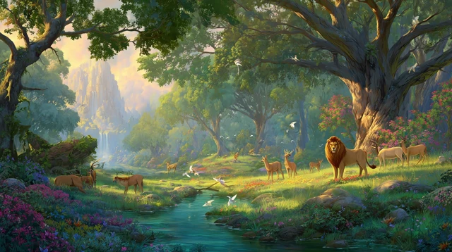 Paradise Scene Lush Greenery and Golden Sunlight