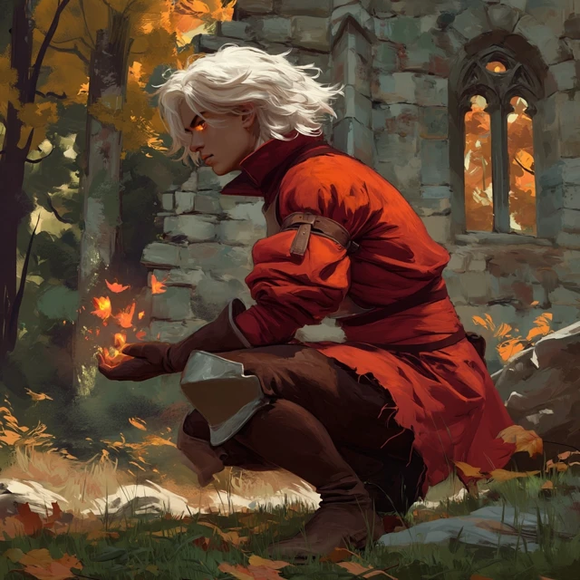 Autumnal Warrior Holding Fire in Forest